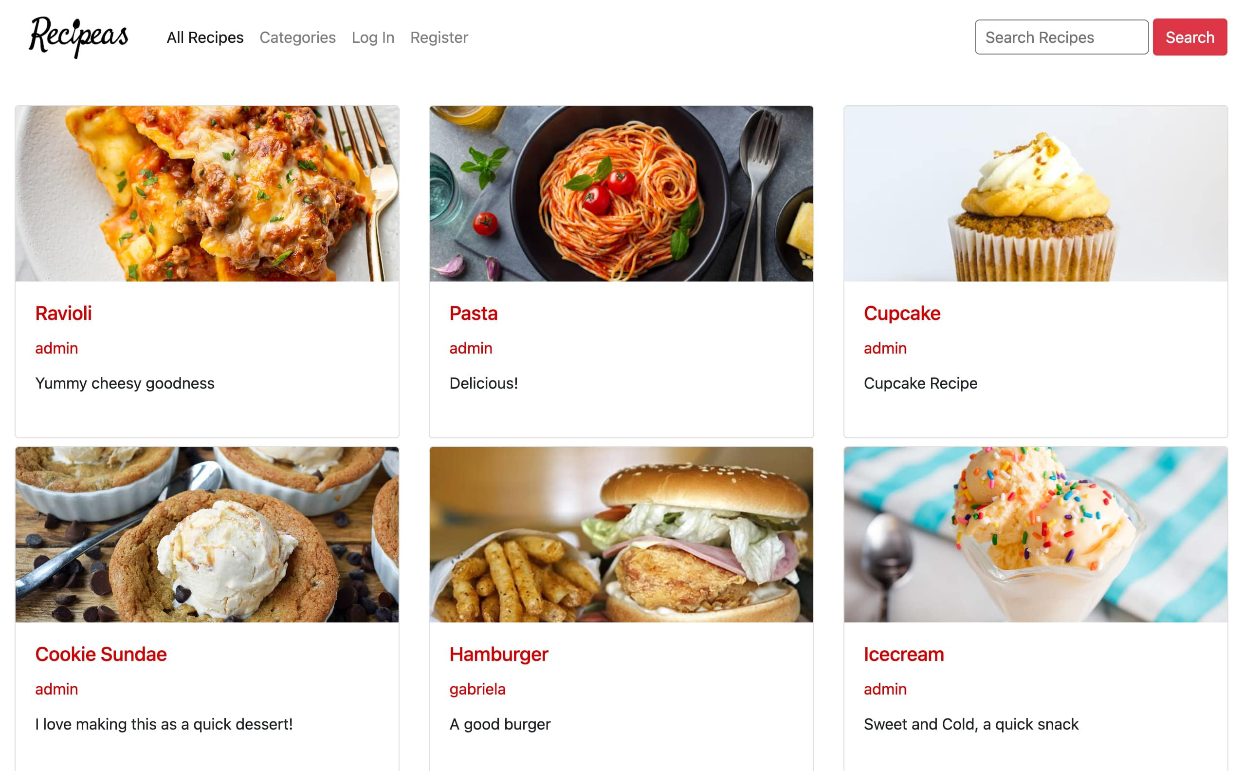 screenshot of homepage of list of recipes